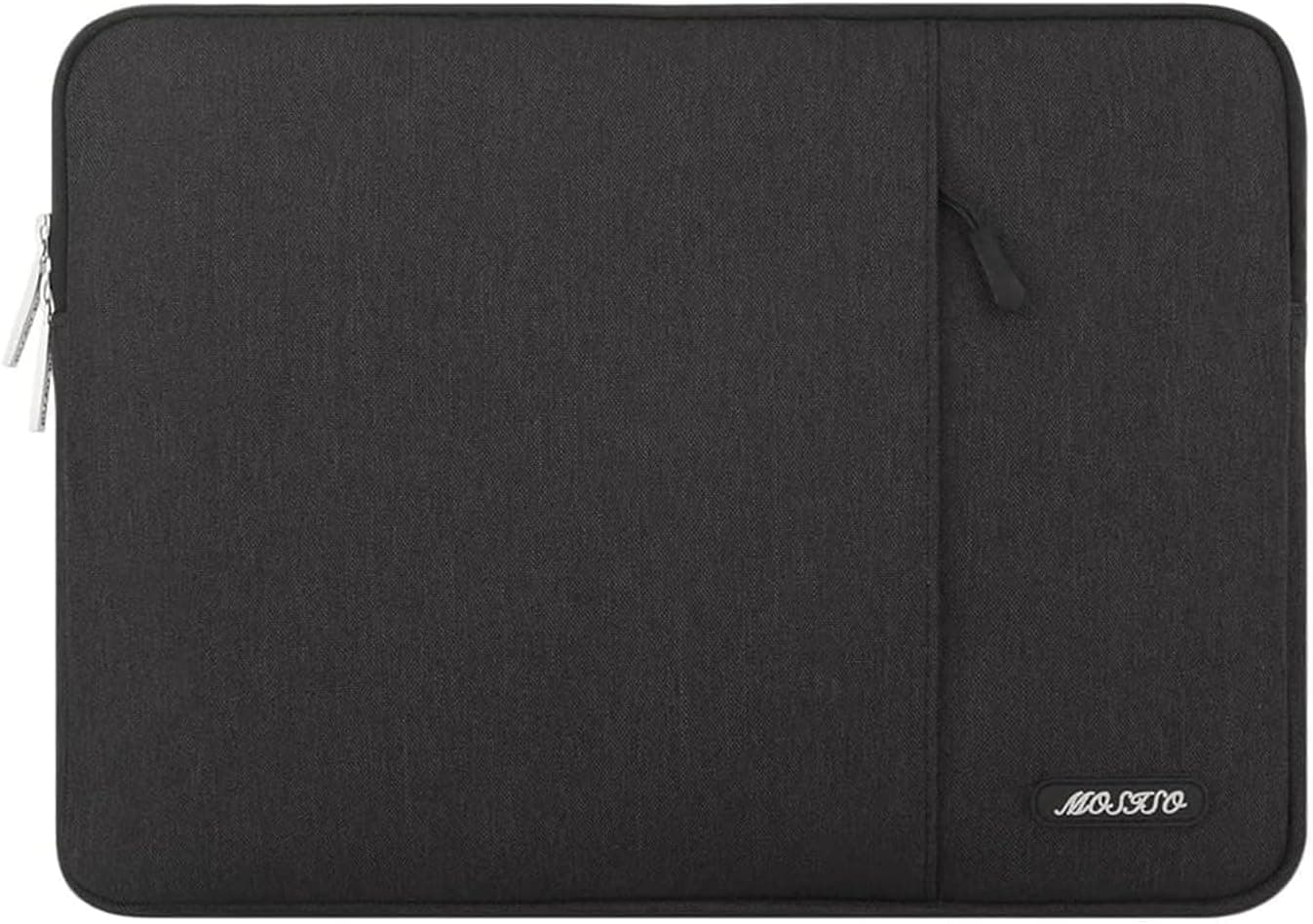 Mosiso 13.3 Inch Laptop Case in black, featuring a sleek polyester design and a convenient front pocket for accessories.